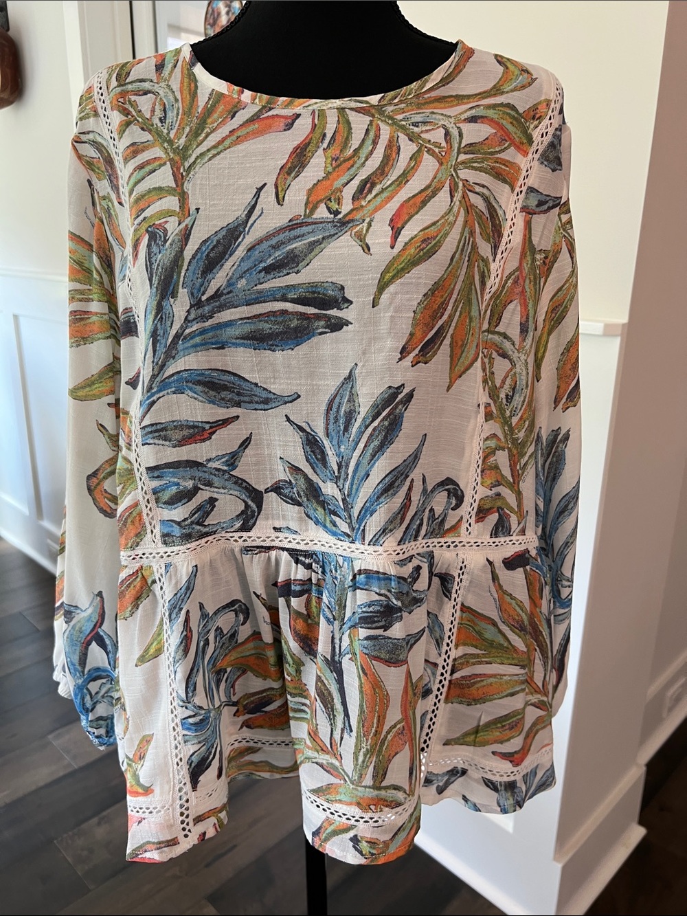 Zac & Rachel Multicolor Tropical Leaf Lace-Trim Peplum Blouse